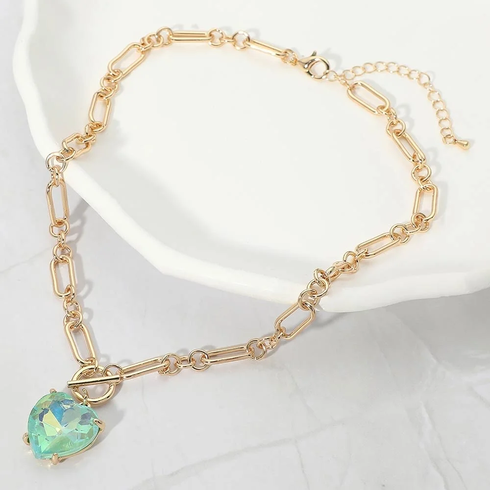 Ab Mint Heart Toggle Paperclip Link Crystal Pendant Necklace Gold Jewelry Chain